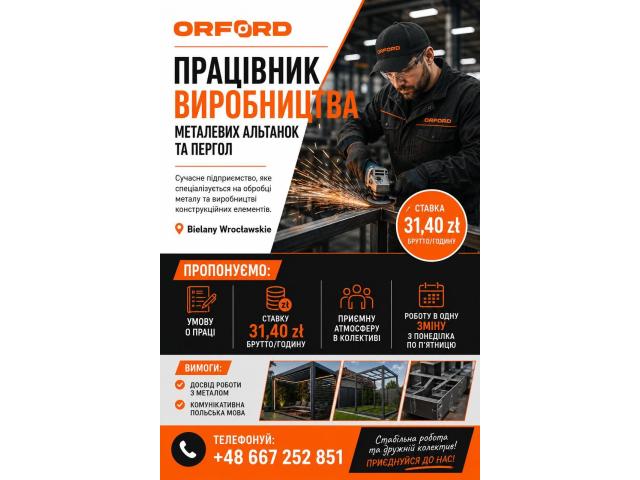 ПРАЦІВНИК ВИРОБНИЦТВА МЕТАЛЕВИХ АЛЬТАНОК ТА ПЕРГОЛ Вроцлав - e-Delo.pl - Работа в Польше